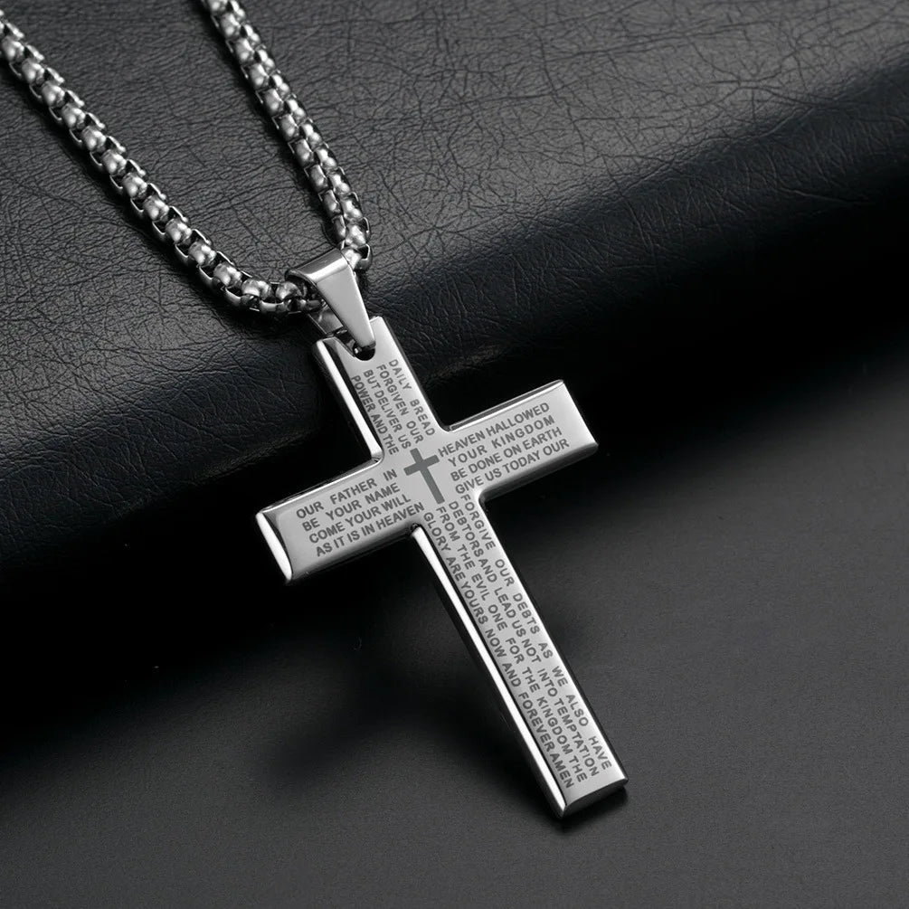 HNSP Cross Chain Necklace Stainless Steel Pendant For Men Catholic Religious Jewelry Accessories